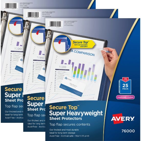 Picture of Avery Secure Top Sheet Protectors - For Letter 8 1/2in x 11in Sheet - 3 x Holes - Ring Binder - Clear - Polypropylene - 75 / Bundle