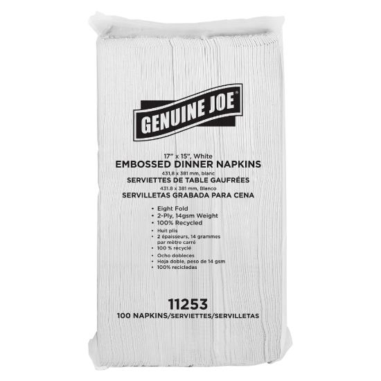 Picture of Genuine Joe Embossed 2-Ply Dinner Napkins, 17in x 15in, 100% Recycled, White, 100 Napkins Per Sleeve, Carton Of 30 Sleeves