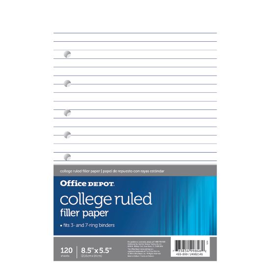 Picture of Office Depot Brand College-Ruled Notebook Filler Paper, 7-Hole Punched, 8 1/2in x 5 1/2in, 120 Sheets