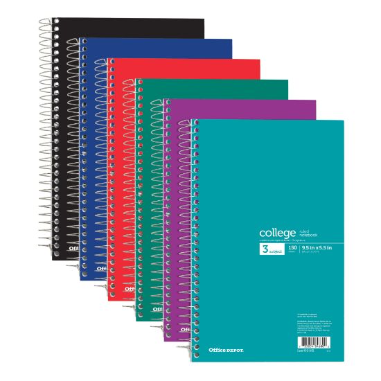 Picture of Office Depot Brand Wirebound Notebook, Perforated, 6in x 9 1/2in, 3 Subjects, College Ruled, 150 Sheets, Assorted Colors (No Color Choice)