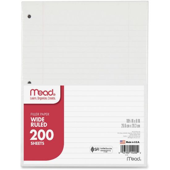 Picture of Mead Notebook Filler Paper, Wide-Ruled, 8in x 10 1/2in, 3-Hole Punched, White, Pack Of 200 Sheets