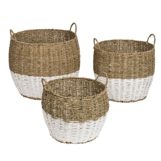 Picture of Honey-Can-Do Round Nesting Seagrass 2-Color Baskets With Handles, Medium Size, Natural & White, Set Of 3