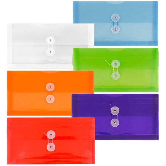 Picture of JAM Paper Plastic Booklet Envelopes #10, Button & String Closure, Assorted Colors, Pack Of 6 Envelopes