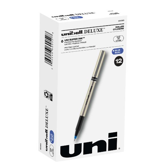 Picture of uni-ball Deluxe Rollerball Pens, Fine Point, 0.7 mm, Gold Barrel, Blue Ink, Pack Of 12