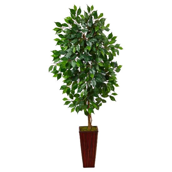 Picture of Nearly Natural Ficus 60inH Artificial Plant With Bamboo Planter, 60inH x 21inW x 19inD, Green/Brown