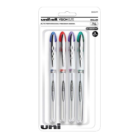 Picture of uni-ball Vision Elite Liquid Ink Rollerball Pens, Bold Point, 0.8 mm, White Barrel, Assorted Ink Colors, Pack Of 4