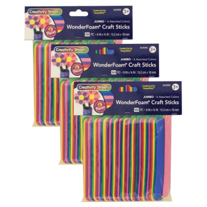 Picture of Pacon Creativity Street WonderFoam Jumbo Craft Sticks, 6in x 3/4in, Assorted Colors, 100 Sticks Per Pack, Set Of 3 Packs