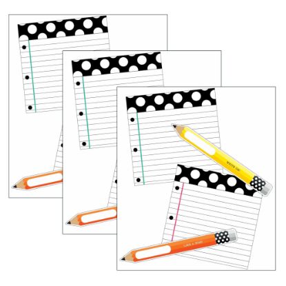 Picture of Carson Dellosa Education Cut-Outs, Schoolgirl Style Black, White & Stylish Brights Pencils And Papers, 12 Cut-Outs Per Pack, Set Of 3 Packs