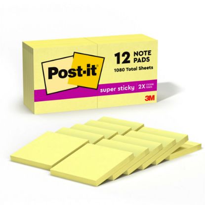 Picture of Post-it Super Sticky Notes, 3 in x 3 in, 12 Pads, 90 Sheets/Pad, 2x the Sticking Power, Back to School Supplies for Students, Sticky Notes for Textbooks and Notebooks, Canary Yellow