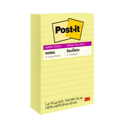 Picture of Post-it Super Sticky Notes, 4 in x 6 in, 5 Pads, 90 Sheets/Pad, Lined, 2x the Sticking Power, Back to School Supplies for Students, Sticky Notes for Textbooks and Notebooks, Canary Yellow