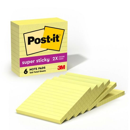 Picture of Post-it Super Sticky Notes, 4 in x 4 in, 6 Pads, 90 Sheets/Pad, 2x the Sticking Power, Canary Yellow, Lined