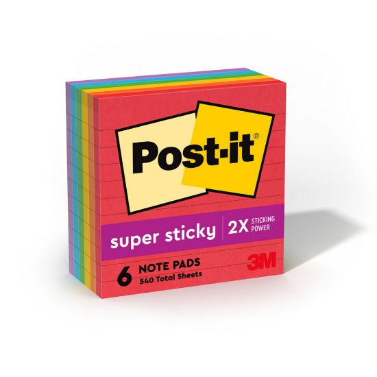 Picture of Post-it Super Sticky Notes, 4 in x 4 in, 6 Pads, 90 Sheets/Pad, 2x the Sticking Power, Playful Primaries Colors, Lined