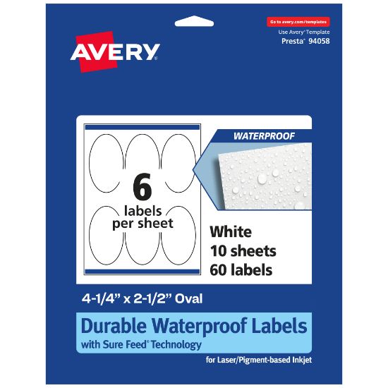 Picture of Avery Waterproof Permanent Labels With Sure Feed, 94058-WMF10, Oval, 4-1/4in x 2-1/2in, White, Pack Of 60