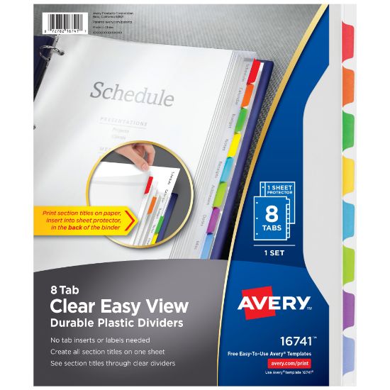 Picture of Avery Clear Easy View Durable Plastic Dividers For 3 Ring Binders, 8-1/2in x 11in, 8-Tab, Bright Multicolor, 1 Set