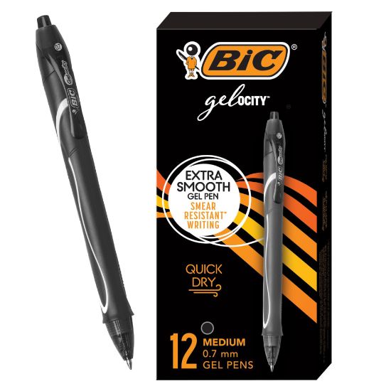 Picture of BIC Gel-ocity Quick Dry Retractable Gel Pens, Medium Point, 0.7 mm, Black Barrel, Black Ink, Pack Of 12