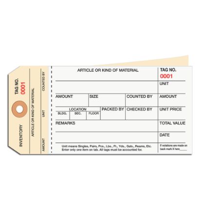 Picture of B O X Packaging Manila Inventory Tags, 2-Part Carbonless Stub Style, 500-999, Box Of 500