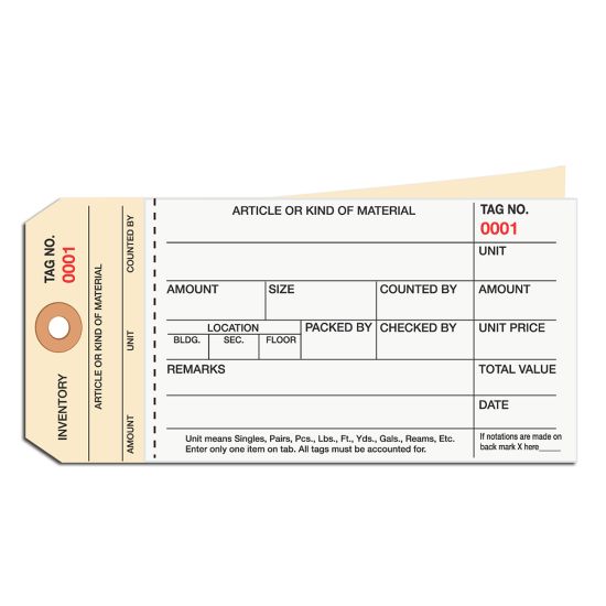 Picture of B O X Packaging Manila Inventory Tags, 2-Part Carbonless Stub Style, 1000-1499, Box Of 500