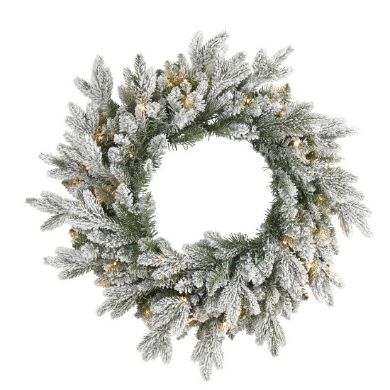 Picture of Nearly Natural Flocked Artificial Christmas Wreath With 50 LED Lights, 24in x 5in, Green