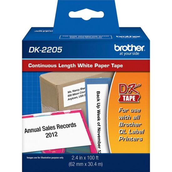 Picture of Brother DK-2205 Continuous-Feed Paper Roll Permanent Address Labels, Black On White, 2 7/16in x 100ft