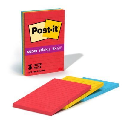 Picture of Post-it Super Sticky Notes, 4in x 6in, Playful Primaries Collection, Lined, Pack Of 3 Pads