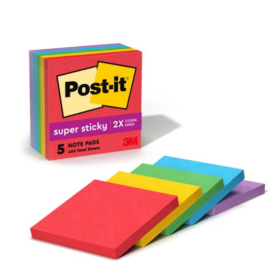 Picture of Post-it Super Sticky Notes, 3 in x 3 in, 5 Pads, 90 Sheets/Pad, 2x the Sticking Power, Playful Primaries Collection