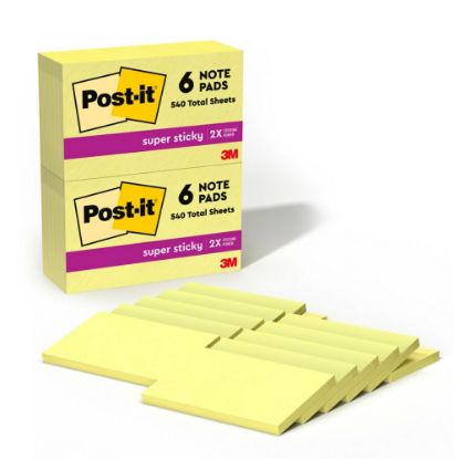 Picture of Post-it Super Sticky Notes, 3 in x 5 in, 12 Pads, 90 Sheets/Pad, 2x the Sticking Power, Canary Yellow