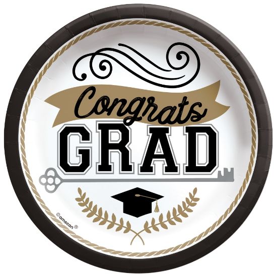 Picture of Amscan Graduation Achievement Is Key Round Paper Plates, 6-3/4in, Black, Pack Of 100 Plates