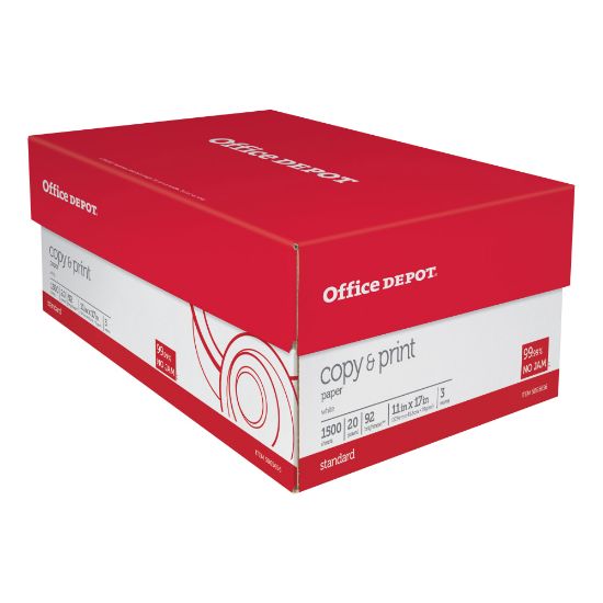 Picture of Office Depot Multi-Use Printer & Copy Paper, 3 Reams, White, Ledger (11in x 17in), 1500 Sheets Per Case, 20 Lb, 92 Brightness