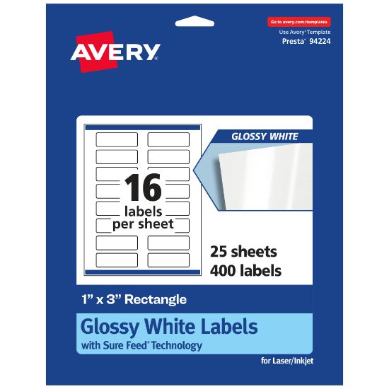 Picture of Avery Glossy Permanent Labels With Sure Feed, 94224-WGP25, Rectangle, 1in x 3in, White, Pack Of 400