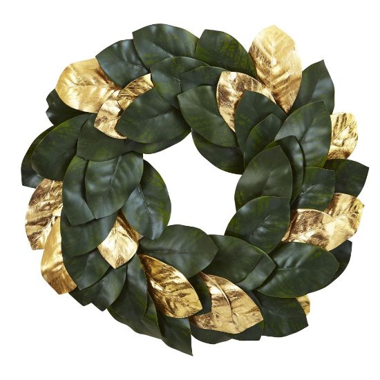 Picture of Nearly Natural Polyester Golden Leaf Magnolia Wreath, 22in, Gold/Green