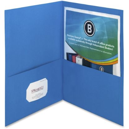 Picture of Business Source Letter Recycled Pocket Folder - 8 1/2in x 11in - 100 Sheet Capacity - 2 Inside Front & Back Pocket(s) - Paper - Blue - 35% Recycled - 25 / Box