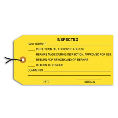 Picture of Partners Brand Prewired Inspection Tags, "Inspected," 4 3/4in x 2 3/8in Yellow, Box Of 1,000