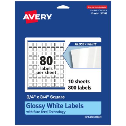 Picture of Avery Glossy Permanent Labels With Sure Feed, 94102-WGP10, Square, 3/4in x 3/4in, White, Pack Of 800