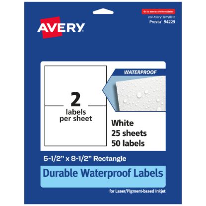 Picture of Avery Waterproof Permanent Labels, 94229-WMF25, Rectangle, 5-1/2in x 8-1/2in, White, Pack Of 50