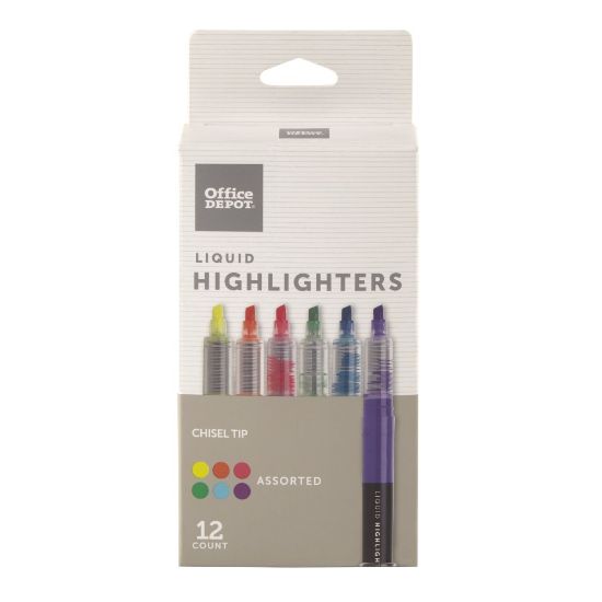 Picture of Office Depot Brand Liquid Ink Highlighters With Chisel Tips, Assorted Colors, Pack Of 12