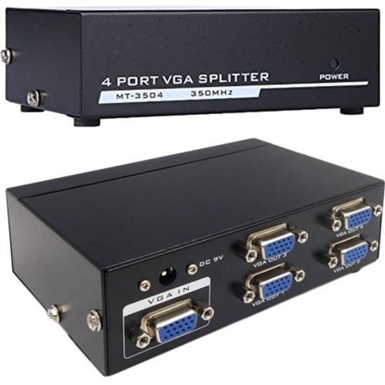 Picture of 4XEM 4-Port VGA Splitter 350 MHz - 350 MHz to 350 MHz - 2048 x 1536 - 213 ft Maximum Operating Distance - VGA In - VGA Out - Silver Plated - Black