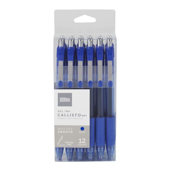 Picture of Office Depot Brand Callisto Retractable Gel Ink Pens, Fine Point, 0.5 mm, Transparent Blue Barrel, Blue Ink, Pack Of 12 Pens