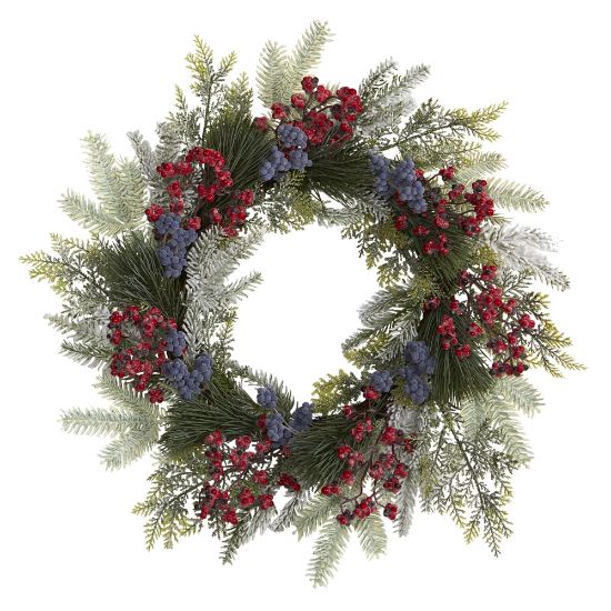 Picture of Nearly Natural 24inH Pine And Cedar Artificial Wreath With Berries, 24in x 5in, Green