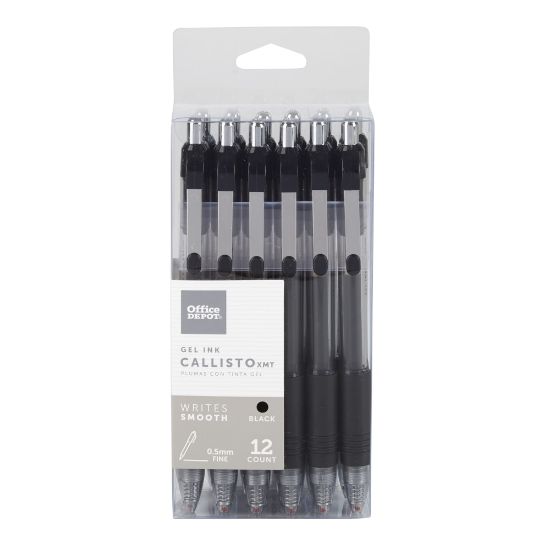 Picture of Office Depot Brand Callisto Retractable Gel Ink Pens, Fine Point, 0.5 mm, Transparent Black Barrel, Black Ink, Pack Of 12 Pens