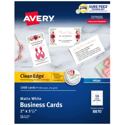 Picture of Avery Clean Edge Printable Business Cards With Sure Feed Technology For Inkjet Printers, 2in x 3.5in, White, 1,000 Blank Cards