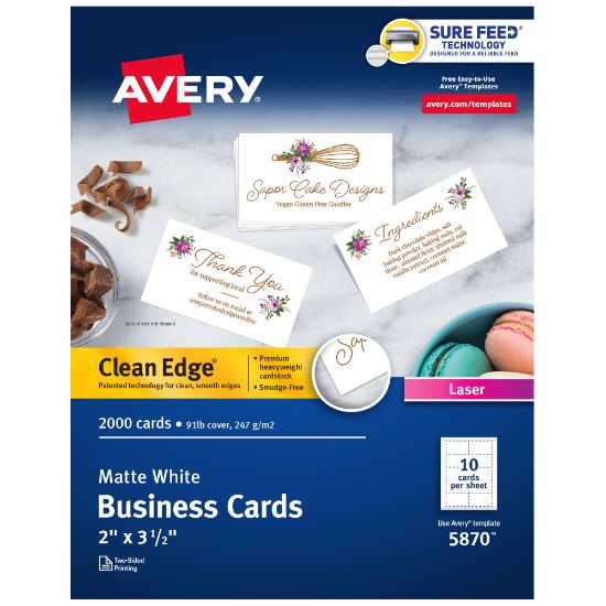 Picture of Avery Clean Edge Printable Business Cards With Sure Feed Technology for Laser Printers, 2in x 3.5in, White, 2,000 Blank Cards