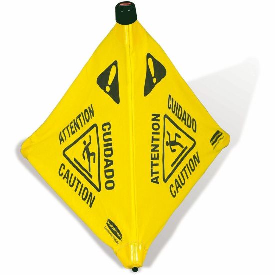 Picture of Rubbermaid Commercial 30in Pop-Up Caution Safety Cone - 12 / Carton - CAUTION, Attention, Cuidado Print/Message - 21in Width x 30in Height - Wall Mountable - Durable, Multilingual, Three-sided, Foldable - Yellow