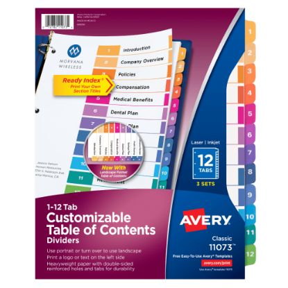 Picture of Avery Ready Index 1-12 Tab Binder Dividers With Customizable Table Of Contents, 8-1/2in x 11in, 12 Tab, White/Multicolor, Pack Of 3 Sets