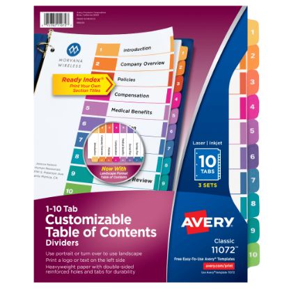 Picture of Avery Ready Index 1-10 Tab Binder Dividers With Customizable Table Of Contents, 8-1/2in x 11in, 10 Tab, White/Multicolor, Pack Of 3 Sets