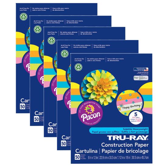 Picture of Tru-Ray Construction Paper, 9in x 12in, Assorted Hot Colors, 50 Sheets Per Pack, Set Of 5 Packs