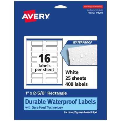 Picture of Avery Waterproof Permanent Labels With Sure Feed, 94201-WMF25, Rectangle, 1in x 2-5/8in, White, Pack Of 400