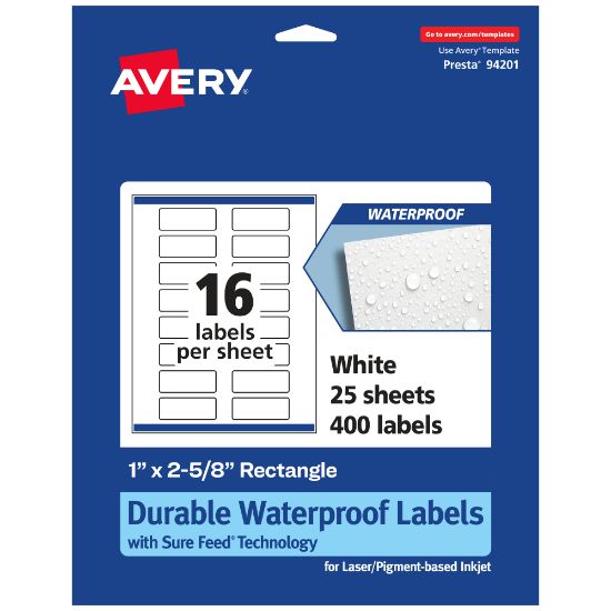 Picture of Avery Waterproof Permanent Labels With Sure Feed, 94201-WMF25, Rectangle, 1in x 2-5/8in, White, Pack Of 400