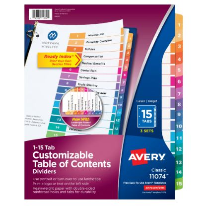 Picture of Avery Ready Index 1-15 Tab Binder Dividers With Customizable Table Of Contents, 8-1/2in x 11in, 15 Tab, White/Multicolor, Pack Of 3 Sets