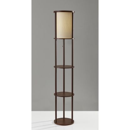 Picture of Adesso Stewart Round 2-Shelf Floor Lamp, 62-1/2inH, Off-White Shade/Walnut Base