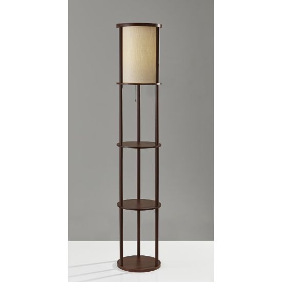 Picture of Adesso Stewart Round 2-Shelf Floor Lamp, 62-1/2inH, Off-White Shade/Walnut Base